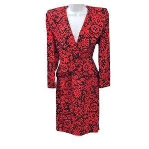 Vintage Saks Fifth Avenue Red Black Silk Floral Peplum Power Suit 80s Skirt Set